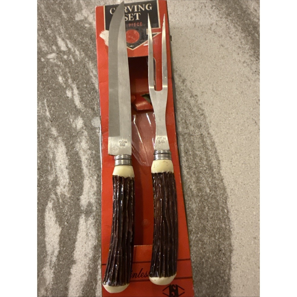 Japan Stainless Steel Carving Set Fork+Knife Faux Deer Stag Handles Vtg 60s